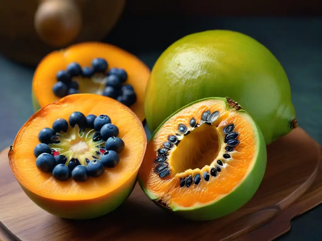 Deliciosa lucuma madura abierta, revelando su vibrante pulpa naranja y contrastando con la piel verde