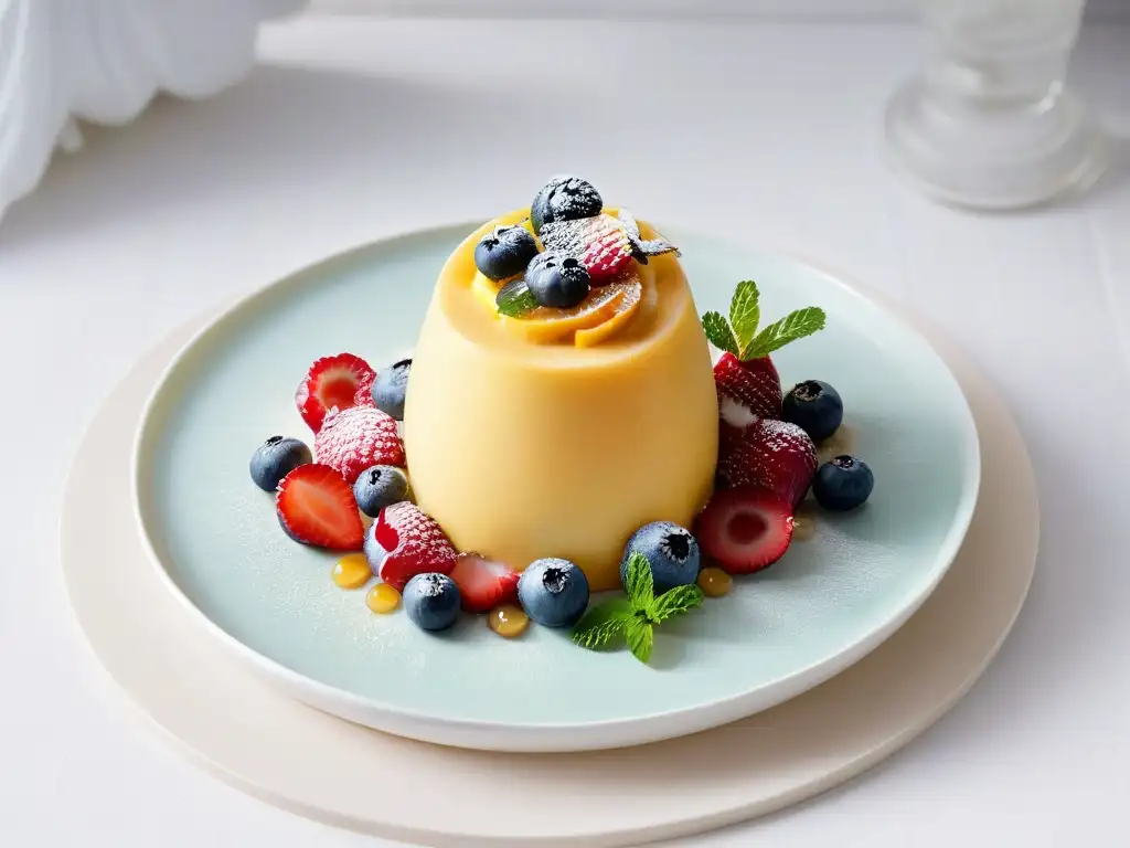 Deliciosa mousse de mango con frutos rojos y menta en plato blanco sobre fondo pastel