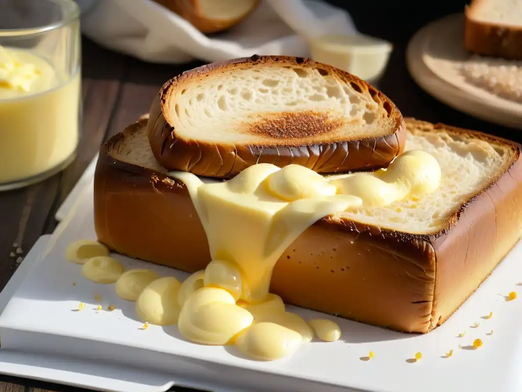Deliciosa mantequilla dorada derritiéndose sobre pan tostado con sal marina