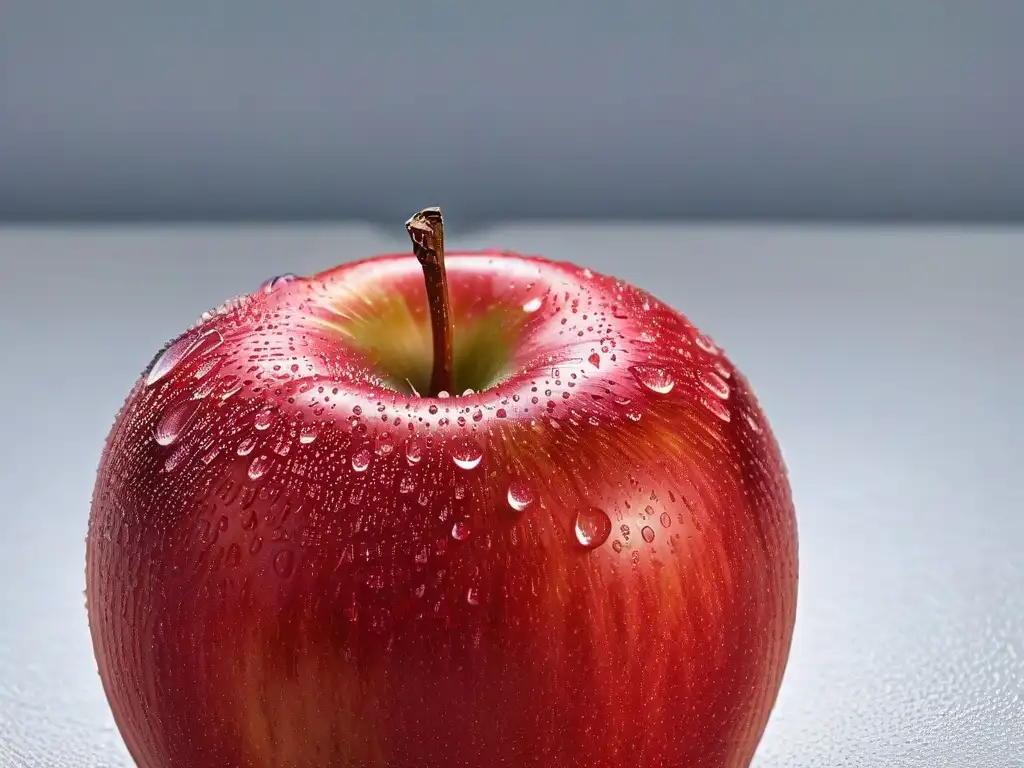 Deliciosa manzana roja jugosa con gotas de agua, resaltando su frescura natural