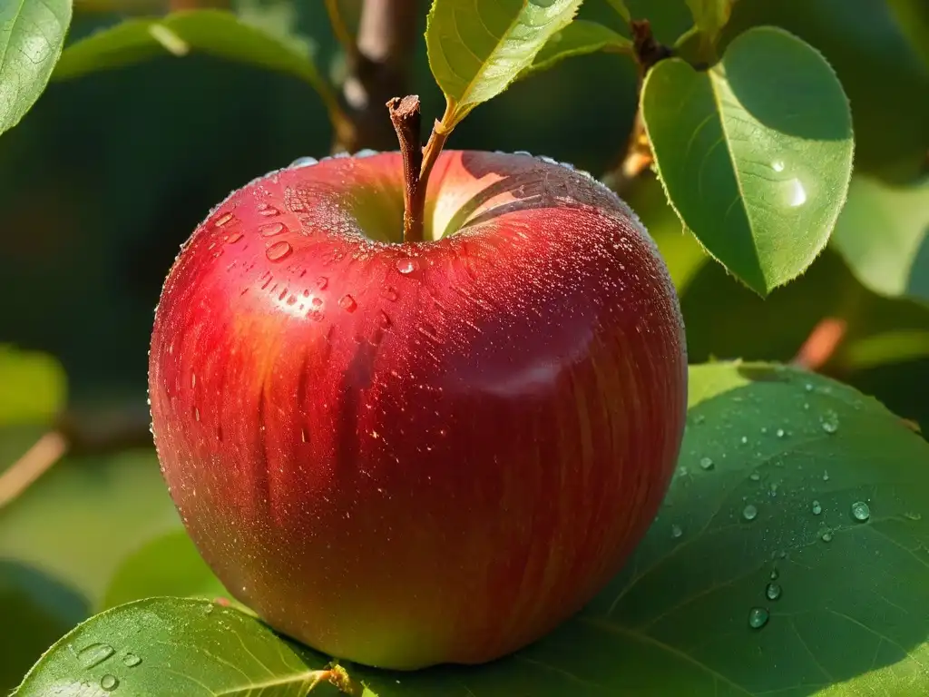 Deliciosa manzana roja madura brillante con rocío, en un huerto verde bañado por el sol dorado