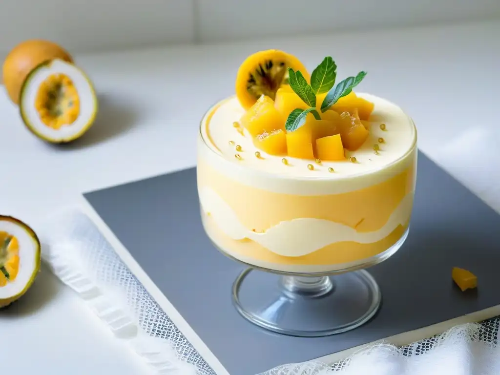 Deliciosa mousse de maracuyá en vaso de postre, decorada con una rodaja fresca de maracuyá