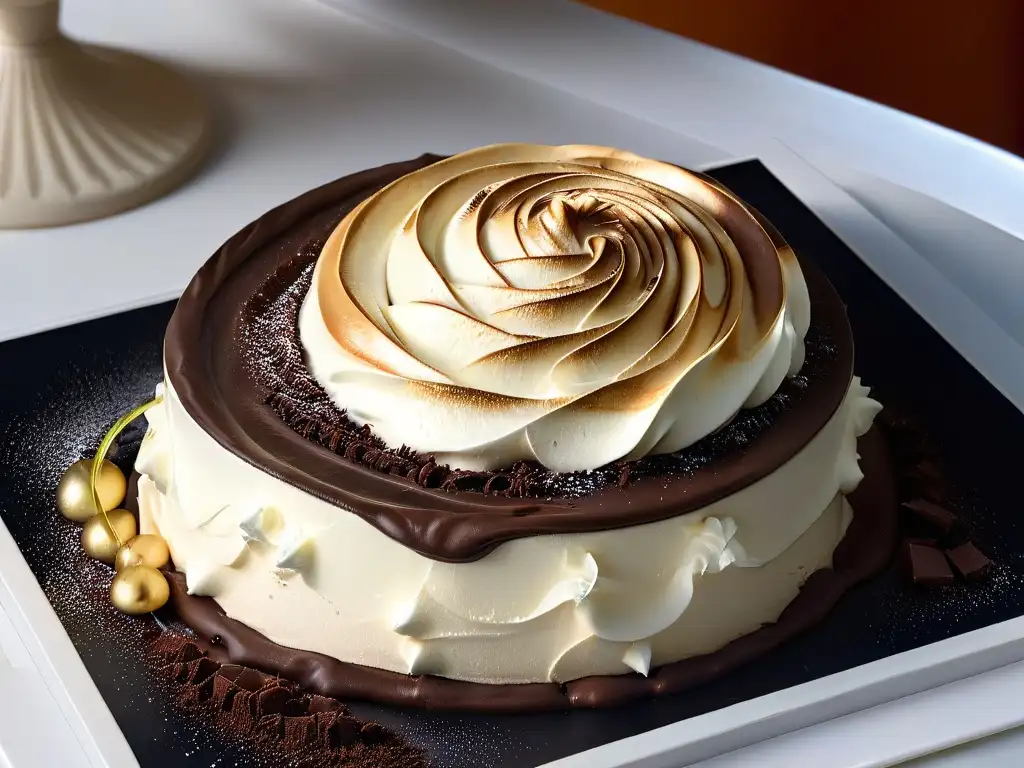 Dulce contraste: Mousse de chocolate con merengue tostado Deliciosa combinación de merengue y mousse de chocolate en elegante presentación