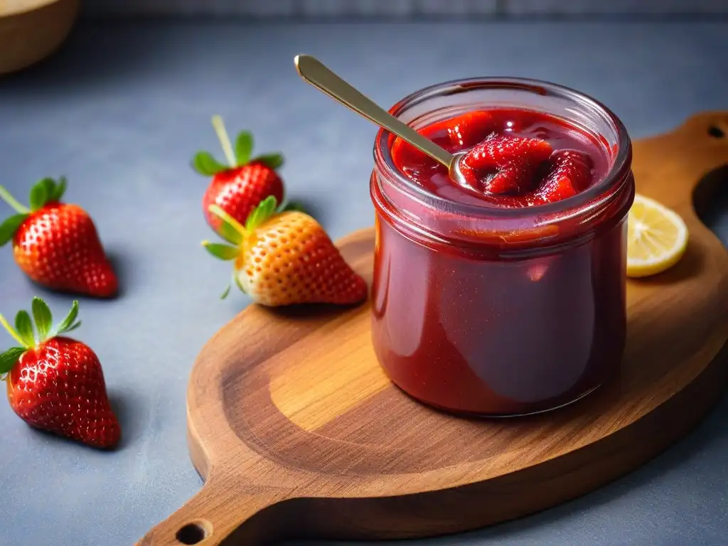 Deliciosa mermelada vegana de fresa en tarro rústico Deliciosa mermelada vegana de fresa casera en frasco rústico, textura brillante y trozos de fruta fresca