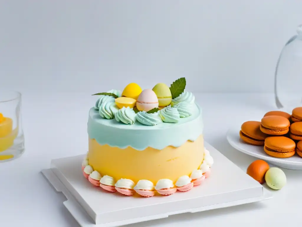 Deliciosa mesa de postres de Pascua Resurrección con macarons, huevos decorados y pastel de cordero, exudando celebración y alegría