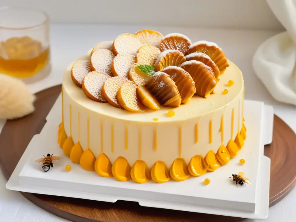 Deliciosa miel dorada fluyendo sobre un pastel de miel con decoraciones de abejas