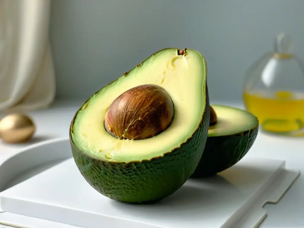 Deliciosa mitad de aguacate maduro con semillas de lino, ideal para postres equilibrados