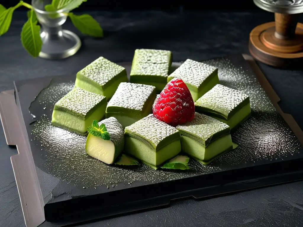 Deliciosa presentación de mochi de té verde matcha vegano con frambuesas y menta, sobre fondo negro