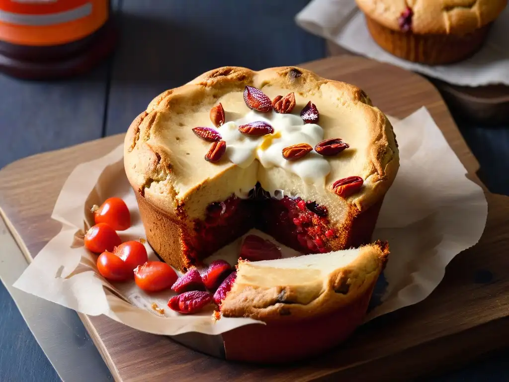 Deliciosa muffin recién horneada con bayas de goji, en una mesa de madera rústica