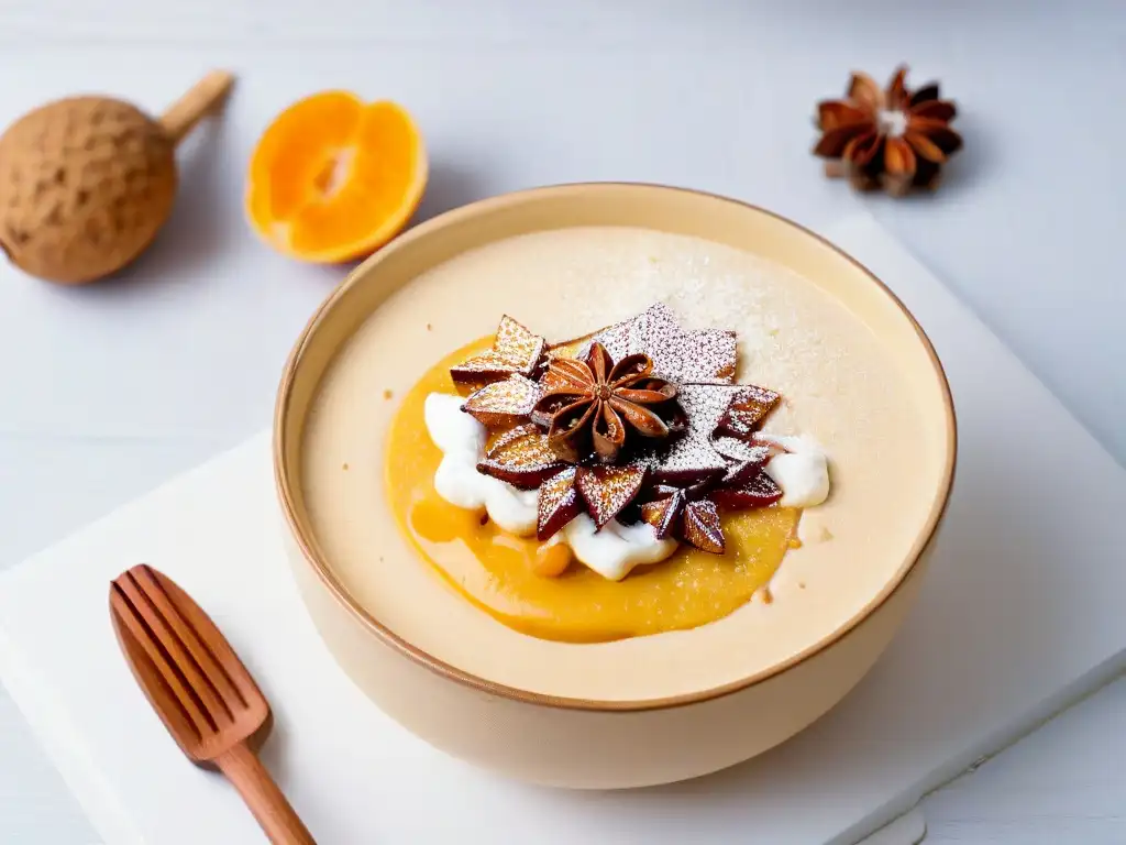 Deliciosa natilla colombiana cremosa con canela y clavos, en bol tradicional de cerámica