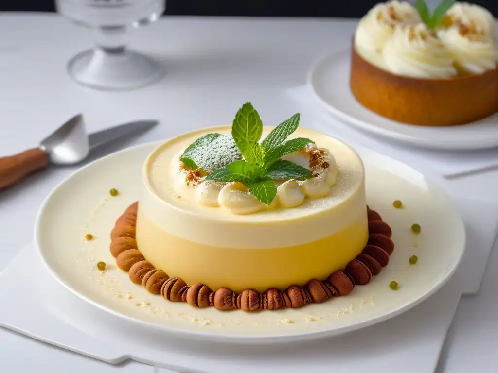 Deliciosa natilla colombiana tradicional adornada con canela y menta fresca, en plato de cerámica blanco sobre mesa de roble oscuro