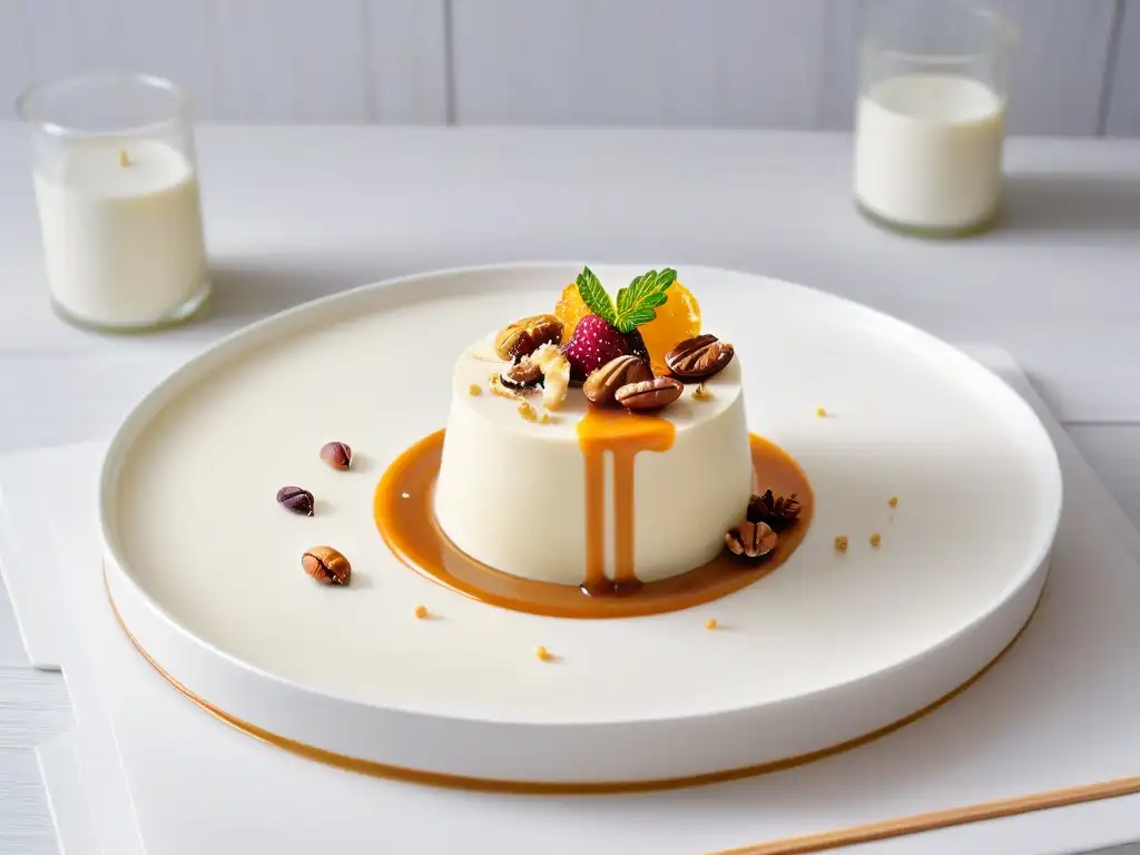 Deliciosa panna cotta café con nueces, presentada con elegancia en plato blanco