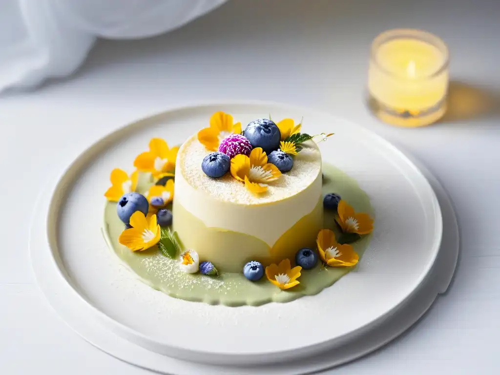 Deliciosa obra de arte repostera con flores comestibles y láminas de oro, en elegante plato moderno