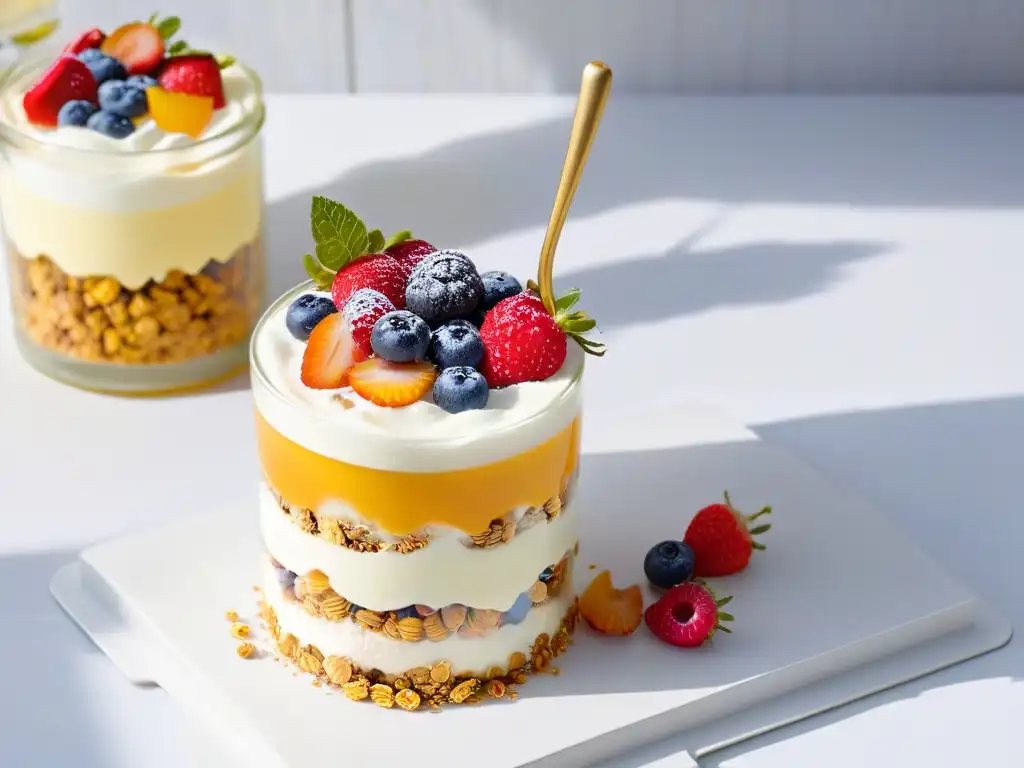 Deliciosa granola parfait en tarro de vidrio con capas de yogurt, frutas y miel