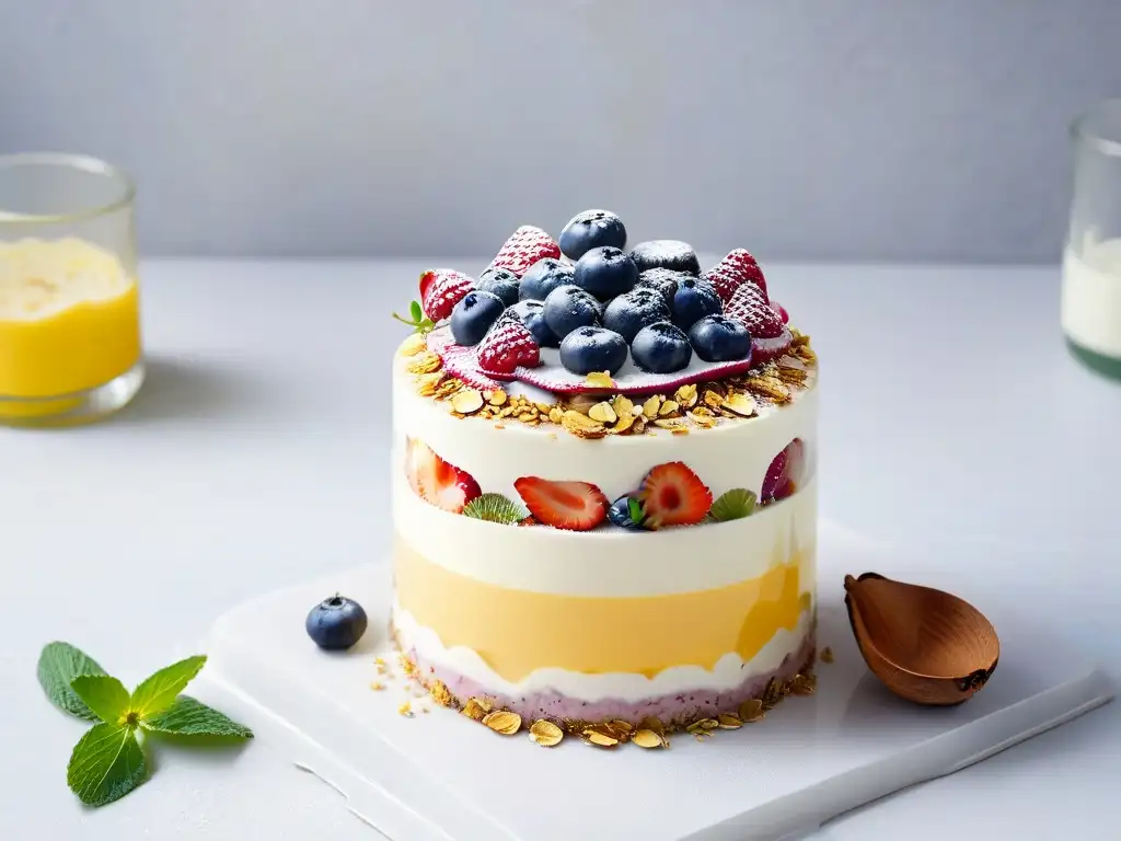 Deliciosa presentación de un parfait vegano en capas, con leche vegetal para postres veganos