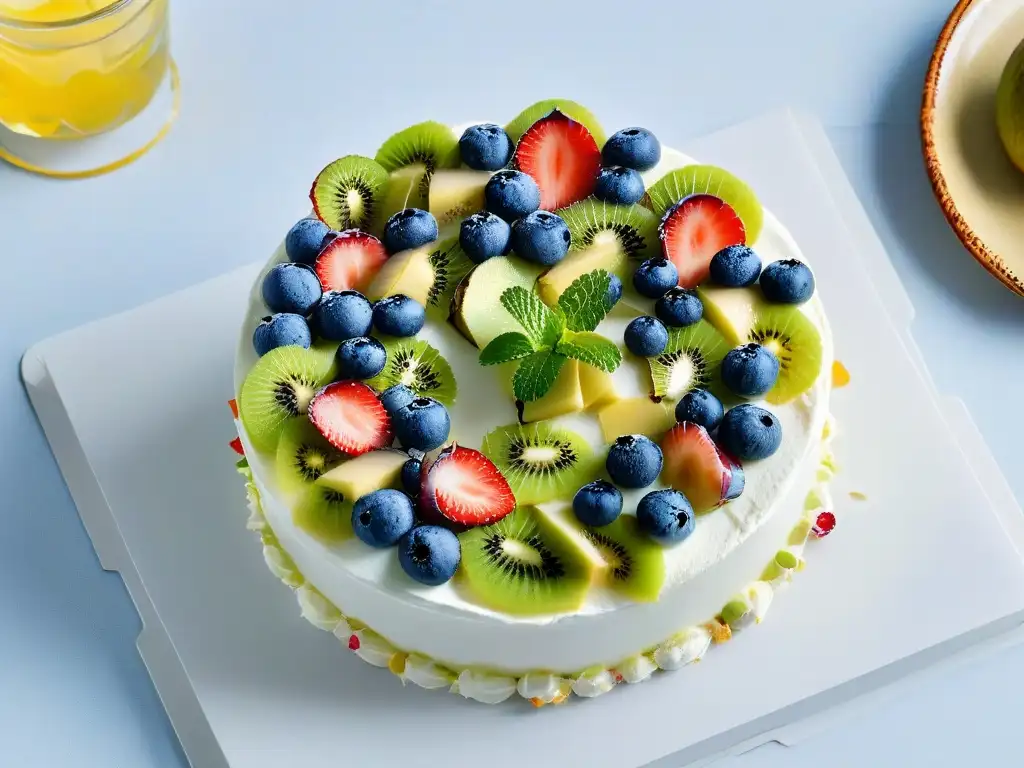 Deliciosa Pavlova de bayas y kiwi con crema batida y hojas de menta, sobre fondo blanco