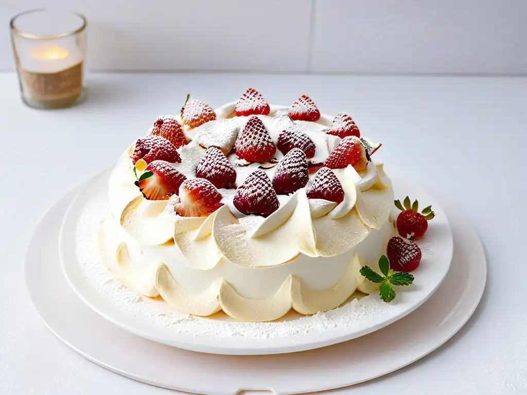 Deliciosa pavlova horneada con frutos rojos frescos y menta, en plato blanco