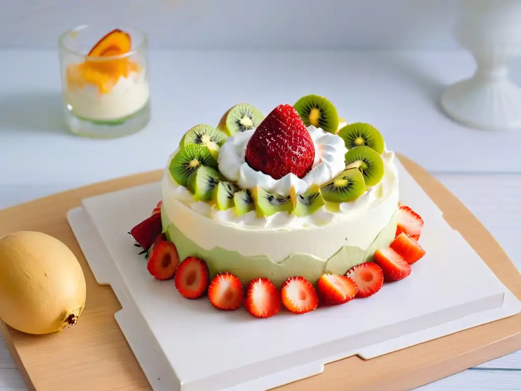 Deliciosa Pavlova veraniega con kiwi, fruta de la pasión y fresas en un elegante plato blanco