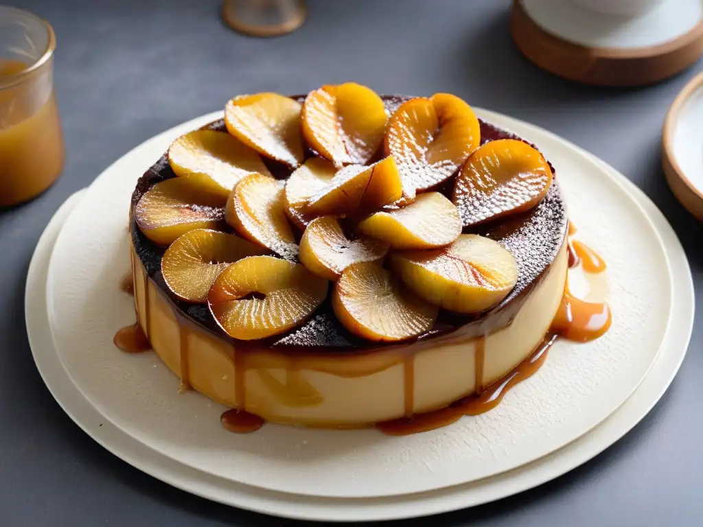 Deliciosa Tarta Tatin de pera con brillo de caramelo y azúcar glaseado, en un plato blanco