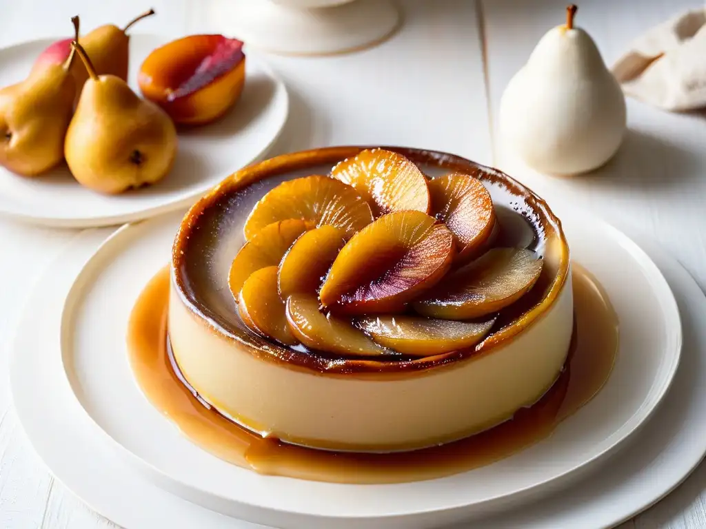 Deliciosa Tarta Tatin de pera dorada en plato blanco, ¡una receta fácil y tentadora!