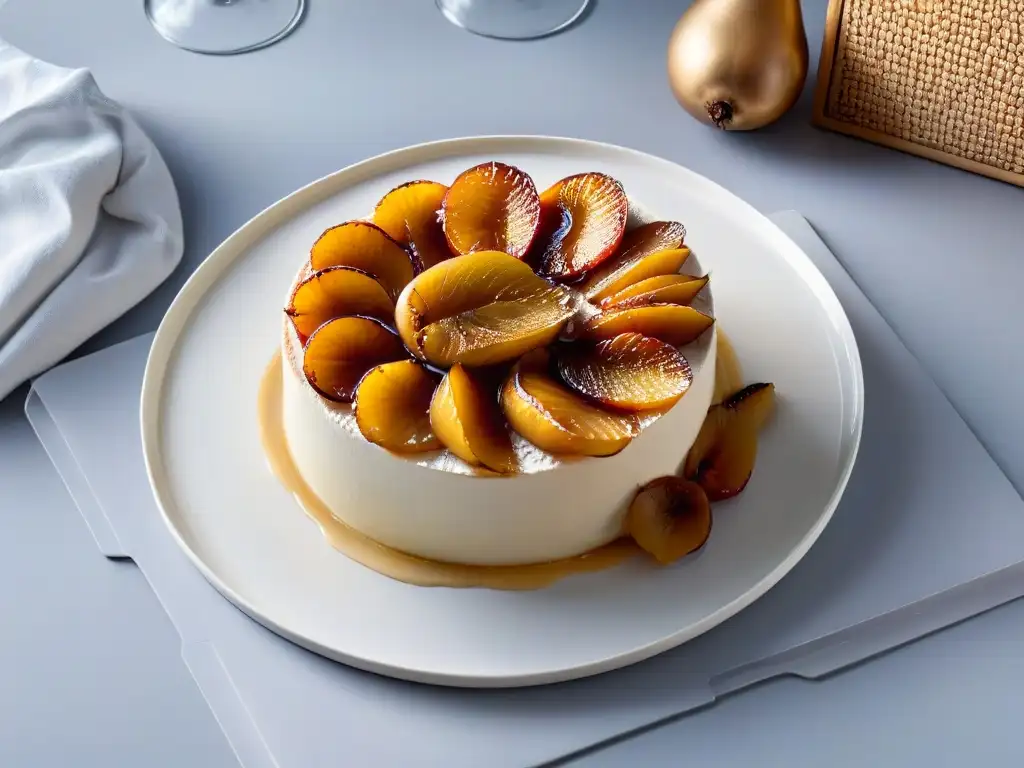 Deliciosa Tarta Tatin de pera con receta fácil: capas doradas de hojaldre y peras caramelizadas en un plato moderno