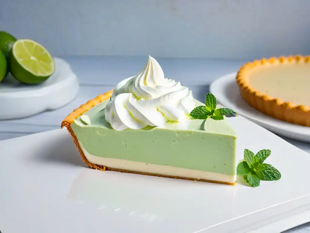 Una deliciosa Key Lime Pie con crema batida, lima y menta en un plato blanco