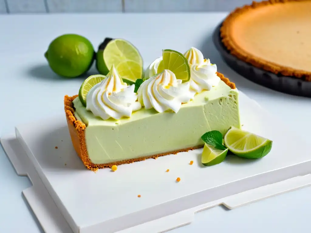 Deliciosa Key Lime Pie con crema montada y limón, en plato blanco moderno