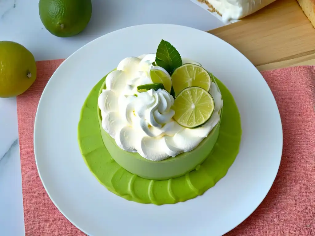 Deliciosa Key Lime Pie con crujiente base dorada, relleno verde cremoso y limón, crema batida y lima fresca en plato blanco minimalista