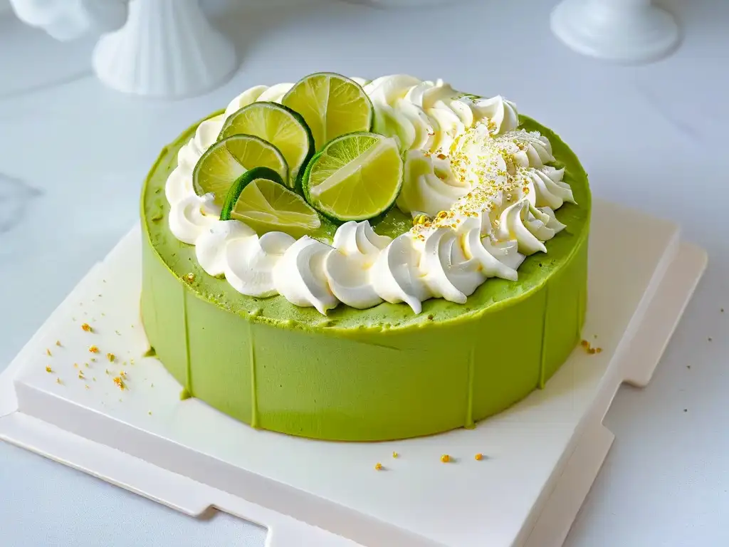 Deliciosa Key Lime Pie decorada con crema batida y ralladura de lima en encimera de mármol blanco