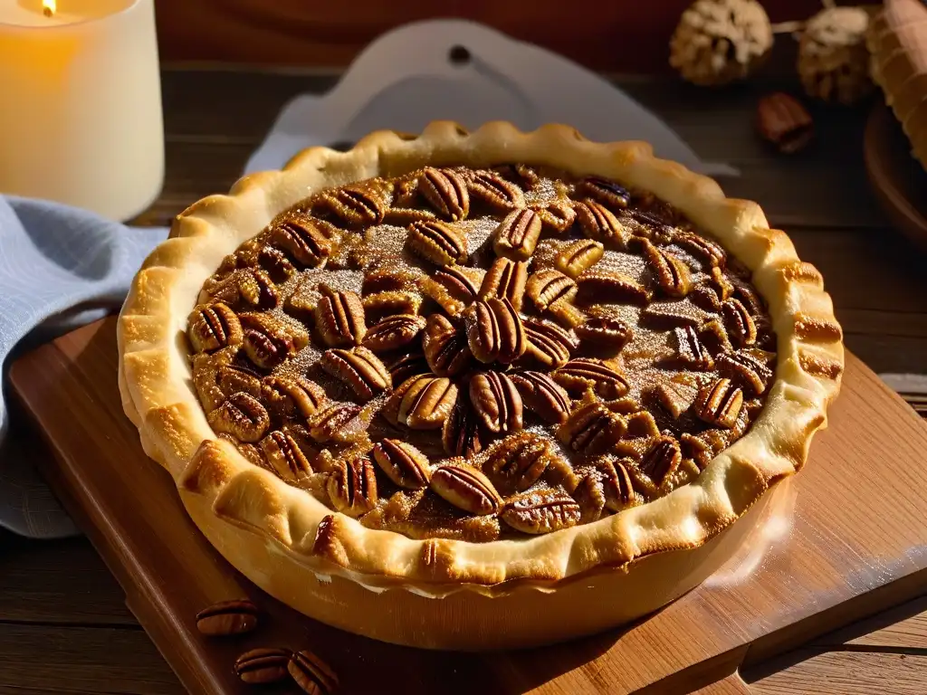 Deliciosa Pecan Pie recién horneada sobre mesa rústica, con crujiente costra dorada y pecanas caramelizadas