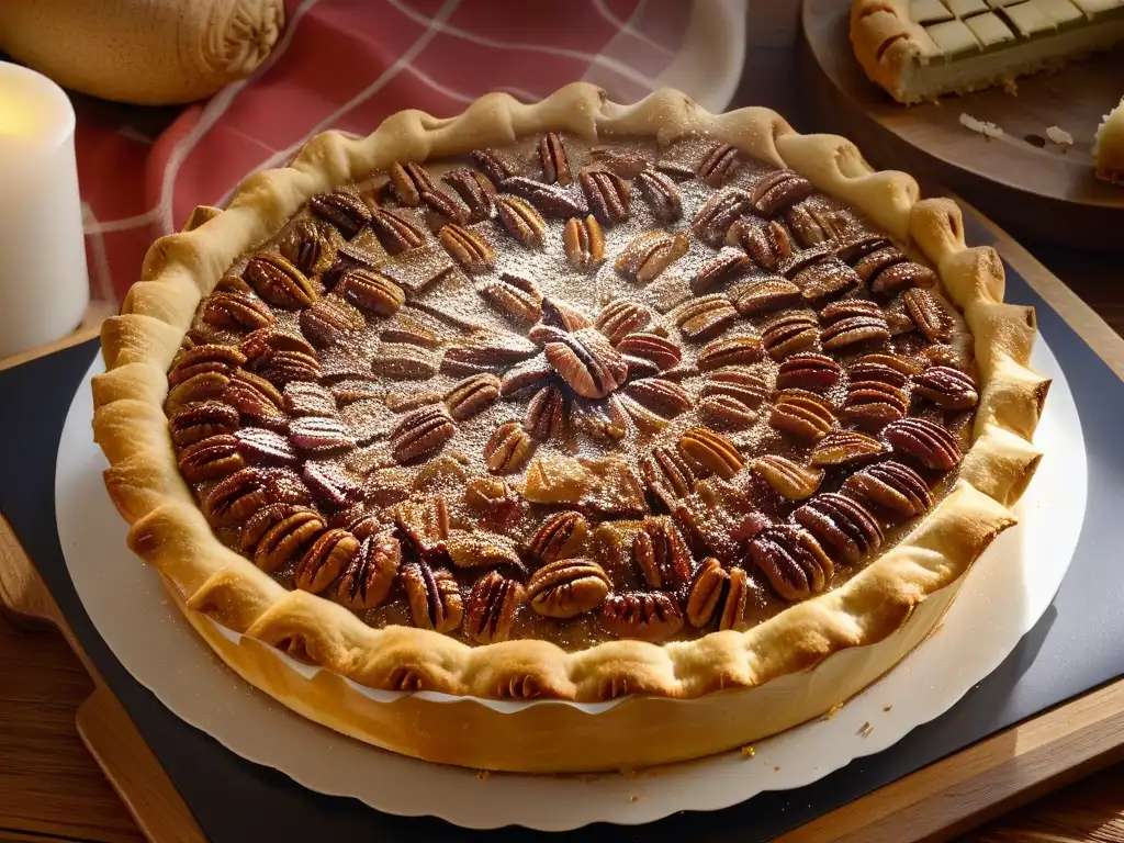 Una deliciosa Pecan Pie recién horneada en una mesa rústica, con corteza dorada y nueces caramelizadas