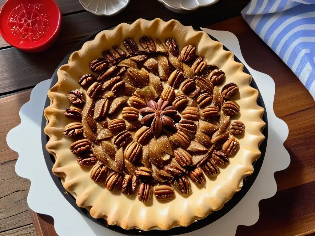 Deliciosa Pecan Pie recién horneada en mesa rústica con nueces y caramelo, evocando calidez