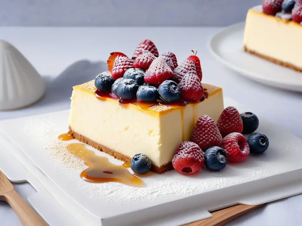 Deliciosa porción de cheesecake con textura cremosa, bayas frescas y miel, en un elegante plato blanco