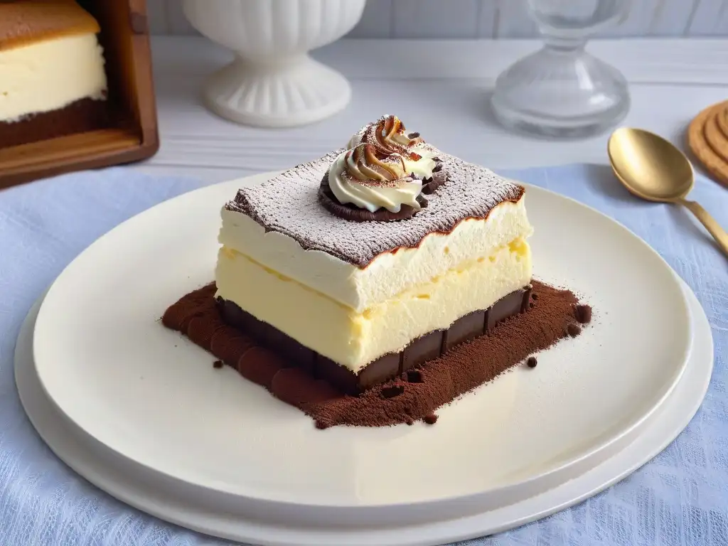 Una deliciosa porción de tiramisú en plato de porcelana, decorado con cacao y crema batida, en una mesa de madera rústica