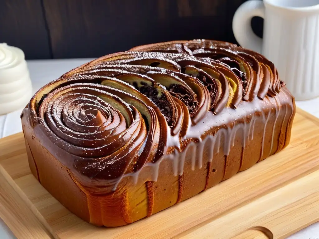 Deliciosa Babka de Europa del Este, un postre tradicional con swirls de chocolate y azúcar glass, listo para saborear