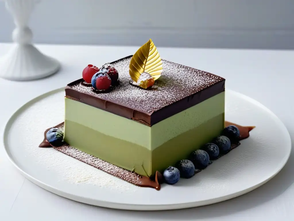 Deliciosa fusión de postres con capas de ganache de chocolate, mousse de matcha y hojuelas de oro comestible