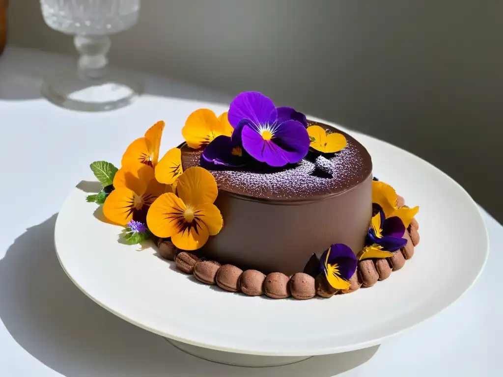 Deliciosa decoración de postres con flores comestibles en mousse de chocolate y flores vibrantes