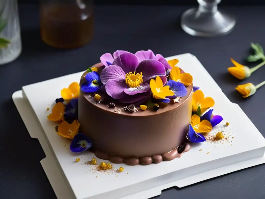 Deliciosa decoración postres con flores comestibles en mousse de chocolate y oro