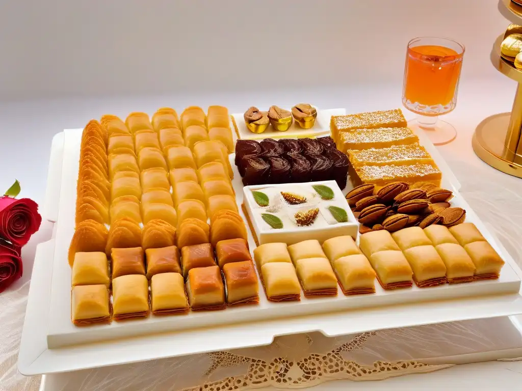 Deliciosa exhibición de postres tradicionales de Ramadán de diversas culturas, con baklava, kunafa y dulces turcos en elegantes platos minimalistas