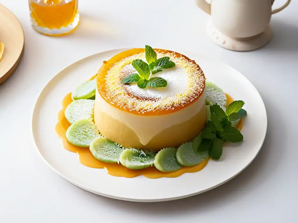Una deliciosa preparación experta de Kunafa dorada y crujiente, con queso dulce, menta fresca y miel, sobre fondo blanco
