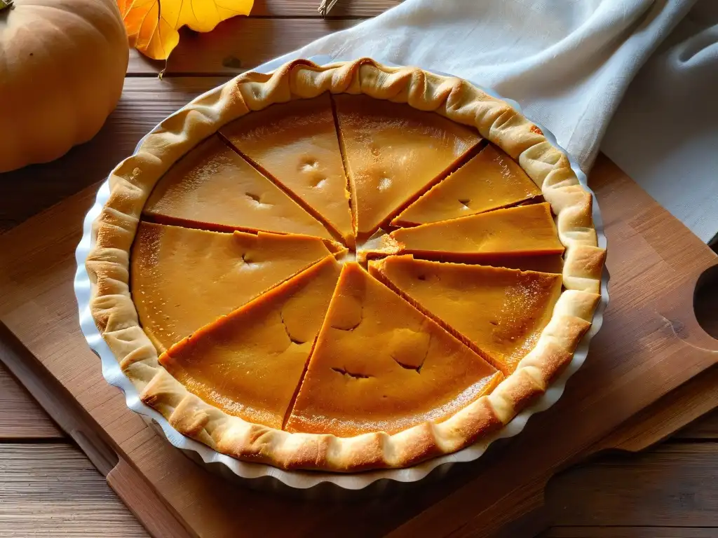 Deliciosa pumpkin pie casera en una mesa rústica, listo para Acción de Gracias