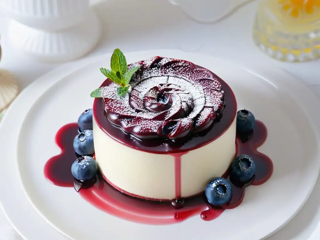 Deliciosa mini tarta de queso decorada con salsa de arándanos, arándanos frescos y hojas de menta, sobre un plato blanco