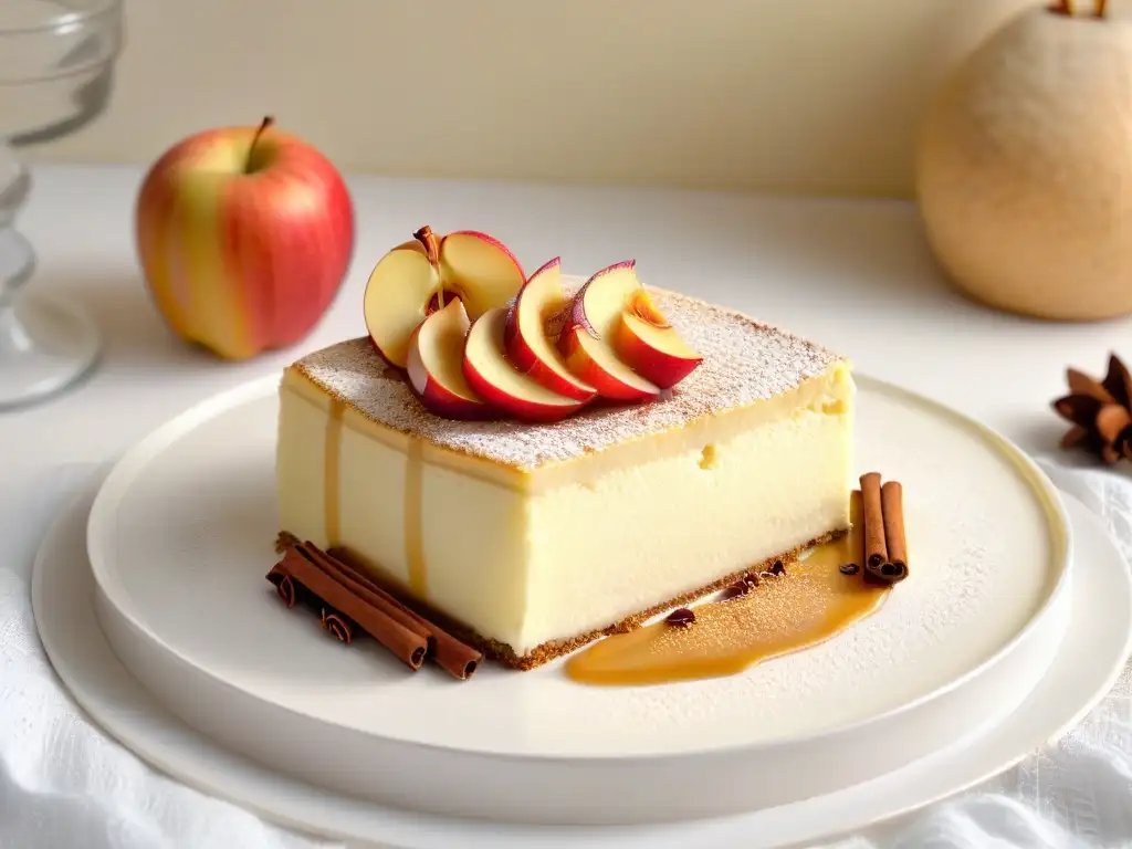 Deliciosa rebanada de cheesecake de manzana y canela en otoño