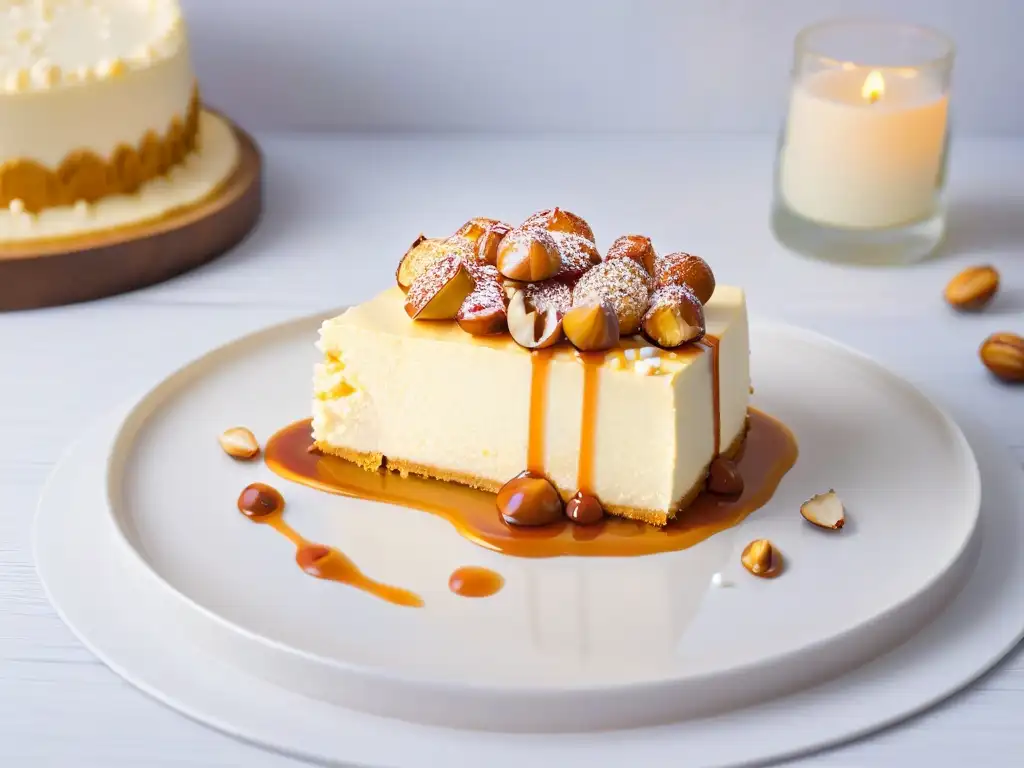 Deliciosa rebanada de cheesecake de nuez de macadamia con caramelo y nueces, en un elegante plato