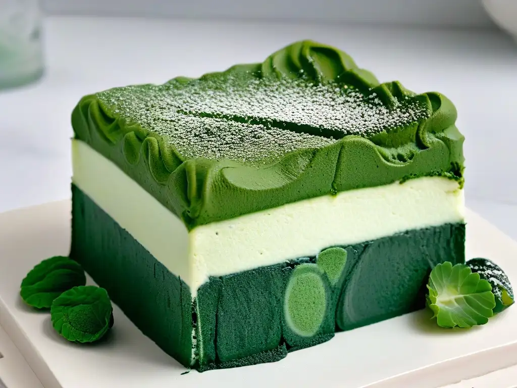 Deliciosa rebanada de cheesecake verde con polvo de espirulina sobre mármol blanco