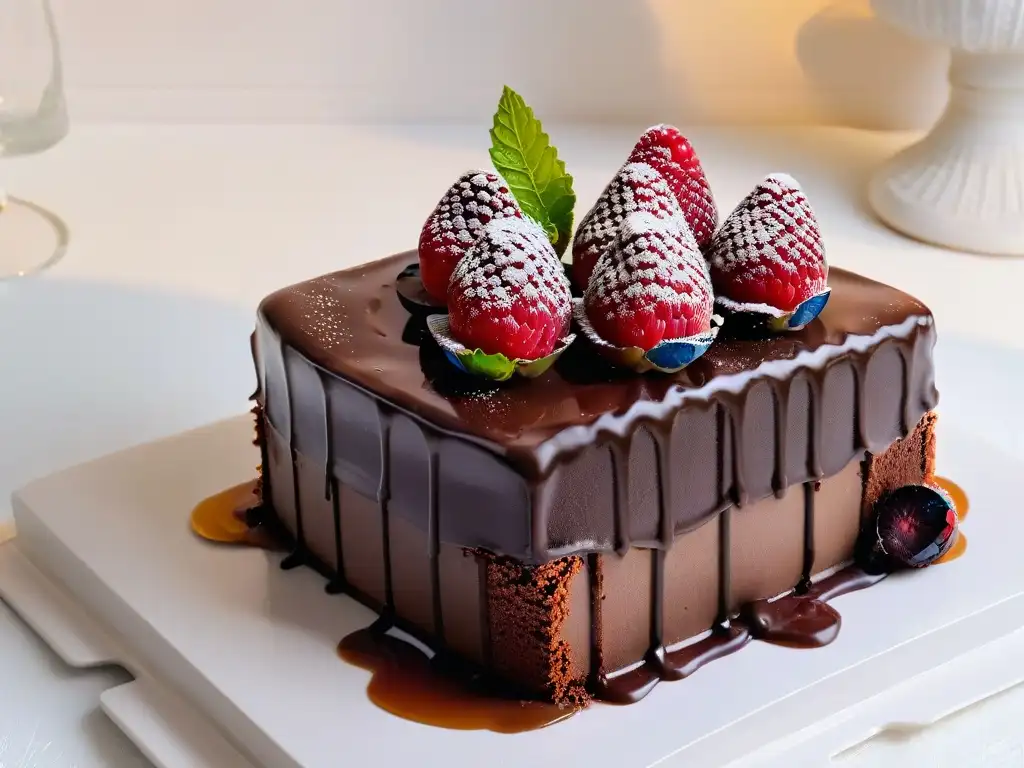 Delicioso pastel de chocolate con ganache y frutos rojos Deliciosa rebanada de pastel de chocolate con ganache brillante, frambuesas frescas y hojas de menta en plato blanco