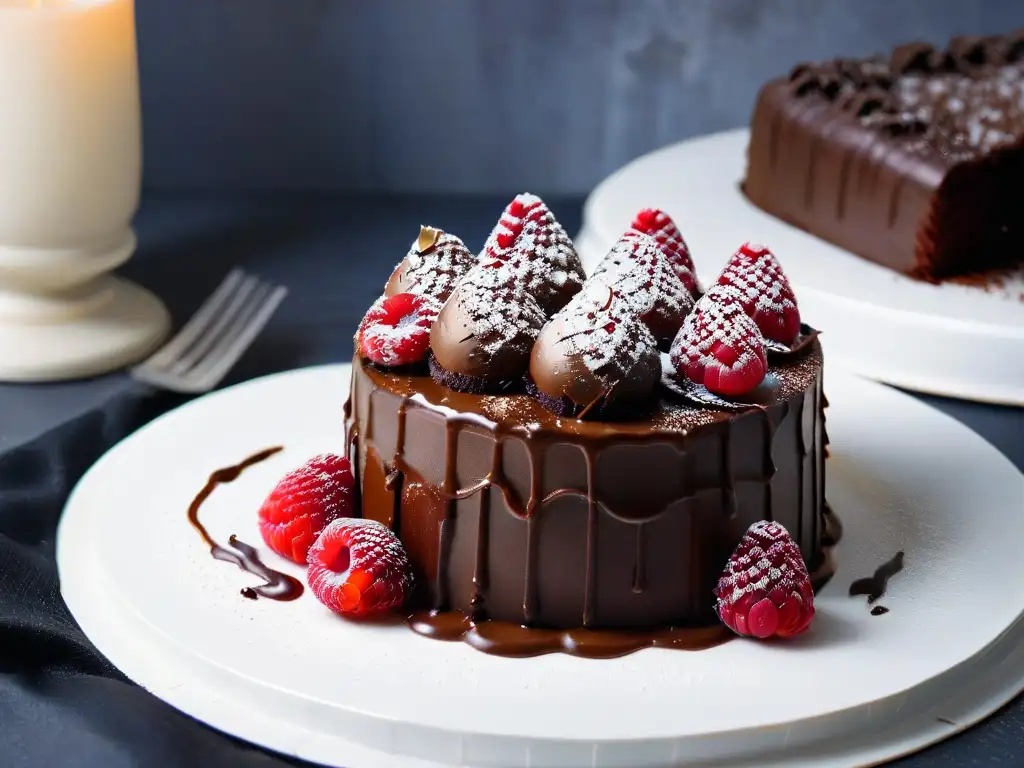 Deliciosa rebanada de pastel de chocolate con ganache de cáñamo y frambuesas frescas en plato blanco