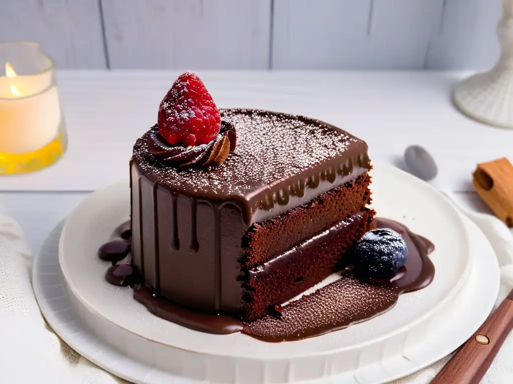 Deliciosa rebanada de pastel de chocolate con ganache brillante, cacao y frambuesa fresca en plato blanco