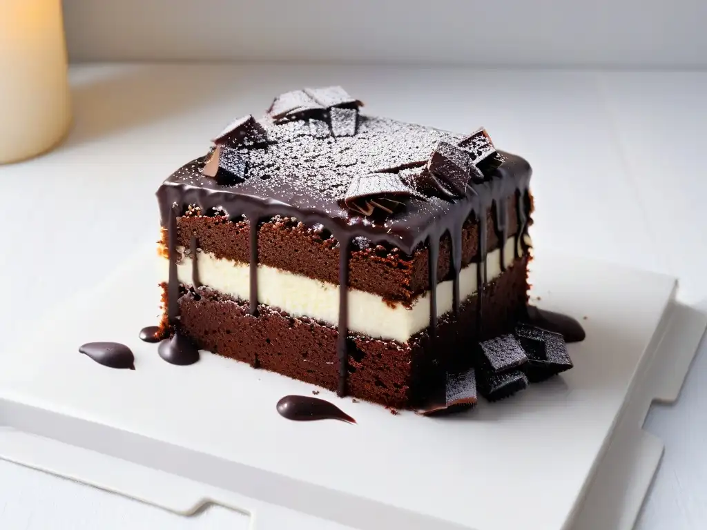 Deliciosa rebanada de pastel de chocolate decadente con virutas, en plato blanco minimalista