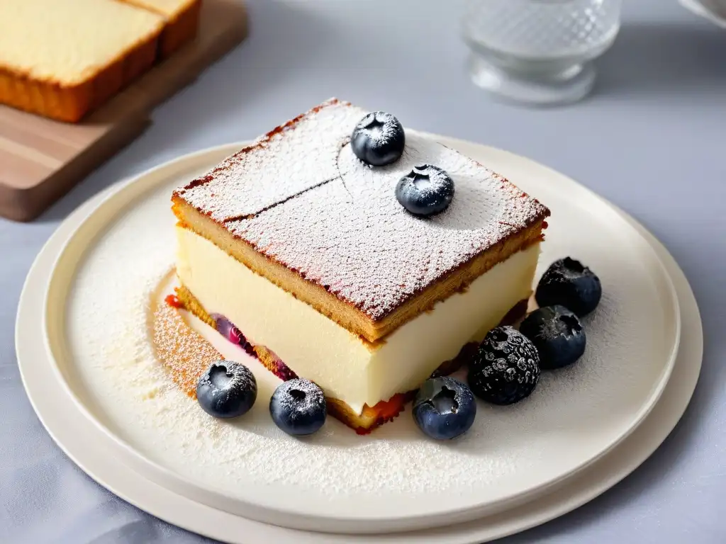 Deliciosa rebanada de pastel sin gluten de harina de almendra, con frutas frescas y azúcar glass, en plato blanco moderno